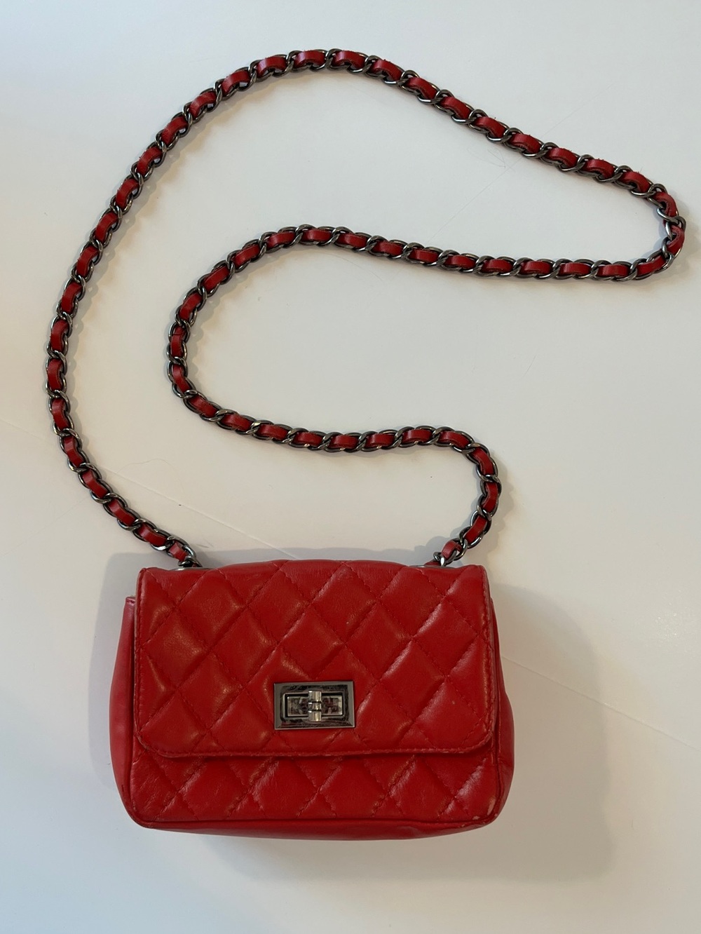 Quilted Red Leather Mini Crossbody Bag Chain Strap Turn Lock Made in Italy